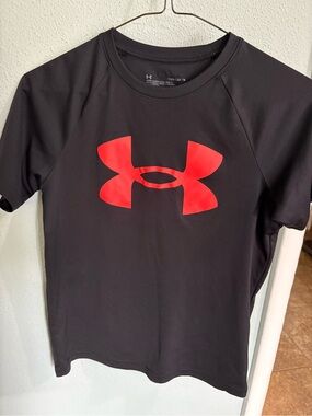 Under Armour Black Tee with Red Logo - Kids Athletic Short Sleeve